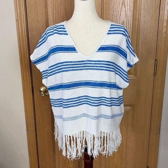 Lauren Jeans Co Ralph Lauren Linen Cotton Fringe Knit Top Blue White Striped L Y - Picture 2 of 5